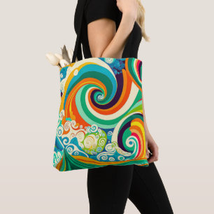 Abstracte kleurrijke Retro 70s Hippie Waves Artwor Tote Bag