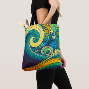 Abstracte kleurrijke Retro 70s Hippie Waves Artwor Tote Bag