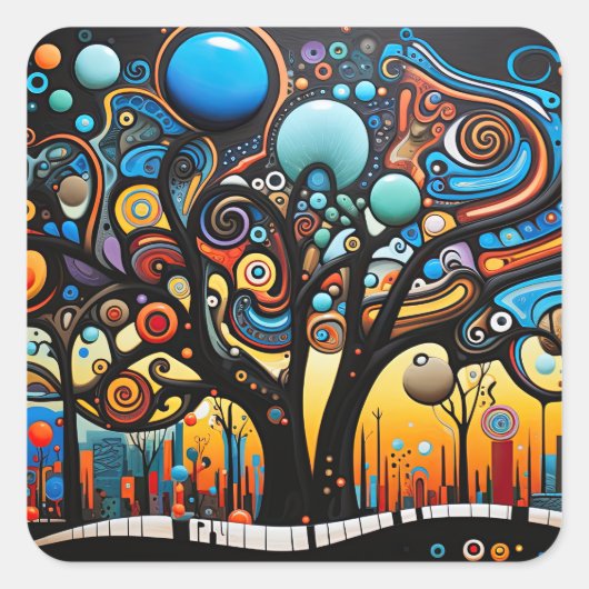 Abstracte Kleurrijke Swirl Tree Landscape Natuur Vierkante Sticker (Voorkant)