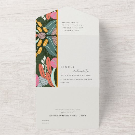 Abstracte, kleurrijke tropische botanische bruilof all in one uitnodiging (Buitenkant)