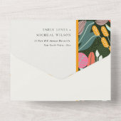 Abstracte, kleurrijke tropische botanische bruilof all in one uitnodiging (Achterkant)