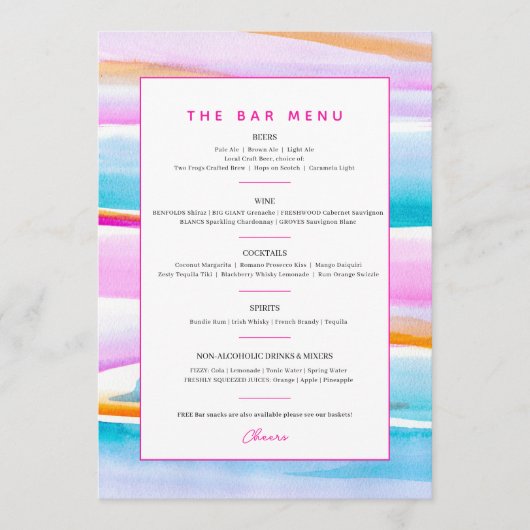 Abstracte kleurrijke tropische lijnen event custom menu (Voorkant)