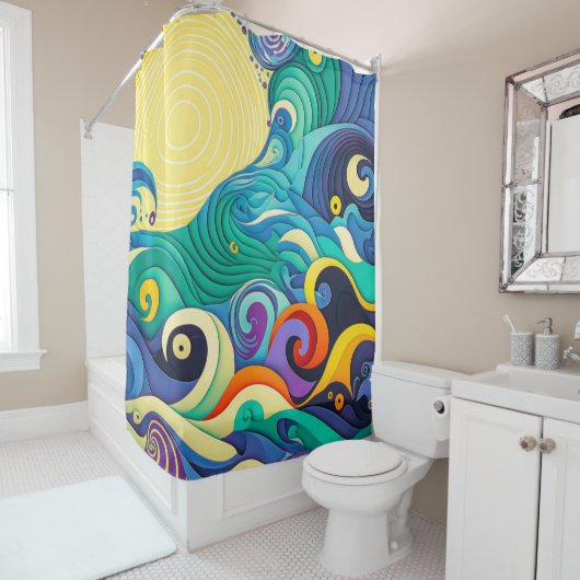 Abstracte kleurrijke zonnegolven Kunstillustratie Douchegordijn (In situ)
