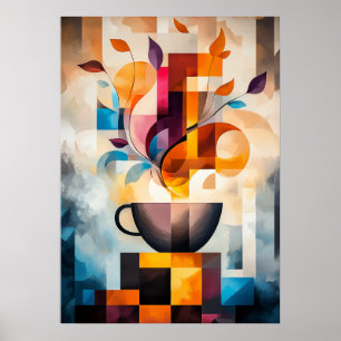 Abstracte koffiekunst - Geometrische beker en stoo Poster