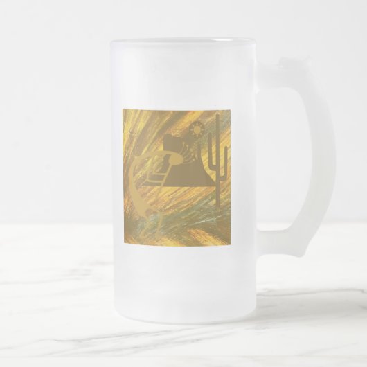 Abstracte Kokopelli met Mesa, Cactus & Sun Matglas Bierpul (Rechts)