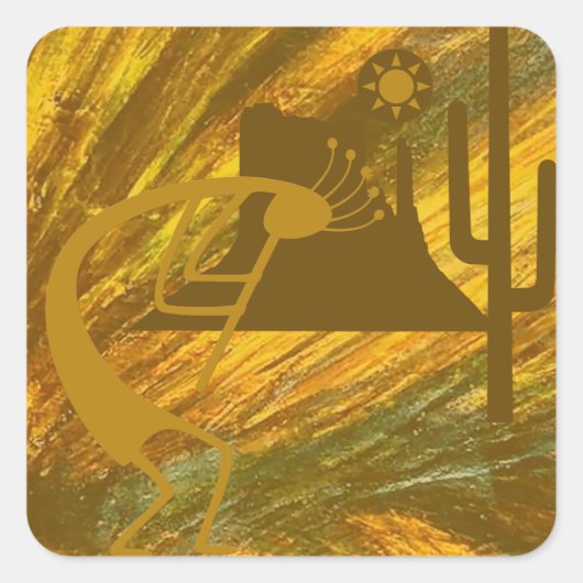 Abstracte Kokopelli met Mesa, Cactus & Sun Vierkante Sticker (Voorkant)