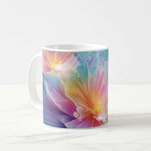 Abstracte kosmische bloemexplosie in pastel koffiemok (Voorkant links)