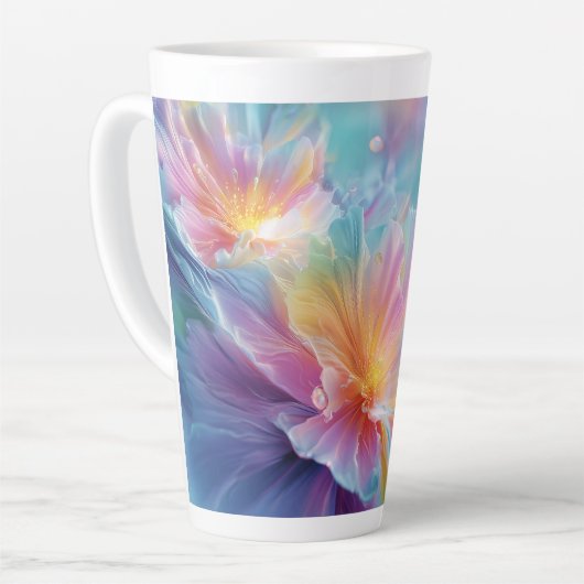 Abstracte kosmische bloemexplosie in pastel latte mok (Linkerhoek)