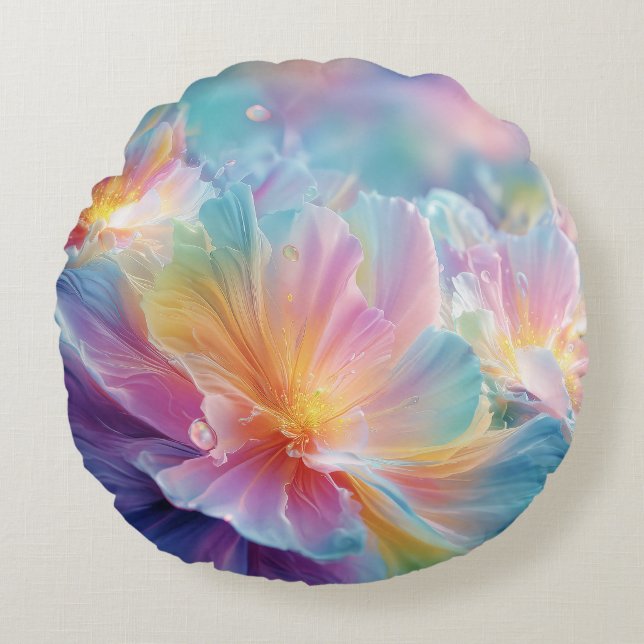 Abstracte kosmische bloemexplosie in pastel rond kussen (Voorkant)