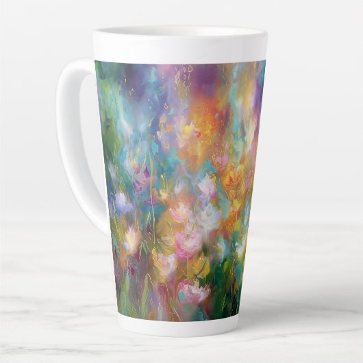 Abstracte kosmische bloemexplosie in pasteltinten latte mok (Linkerhoek)