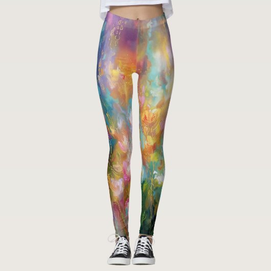 Abstracte kosmische bloemexplosie in pasteltinten leggings (Voorkant)