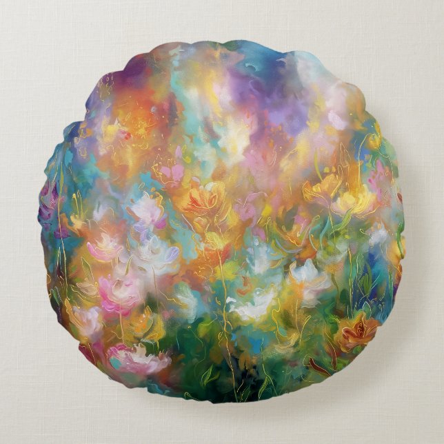 Abstracte kosmische bloemexplosie in pasteltinten rond kussen (Voorkant)