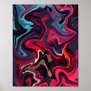 Abstracte kronkels in dieprode en blauwe tinten  poster