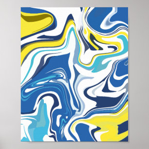 Abstracte krullen in blauw, geel en wit poster