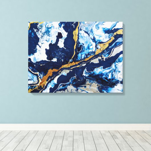 Abstracte kunst Abstra met gouden en blauwe acrylv Canvas Afdruk (Insitu (Houten vloer))