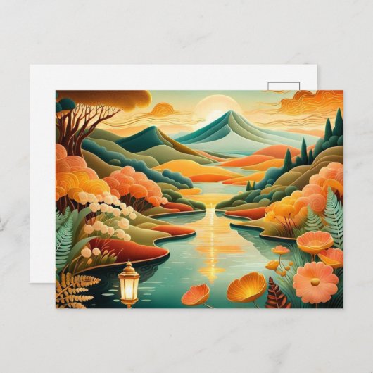 Abstracte kunst bergwoud meer landschap briefkaart (Voorkant / Achterkant)