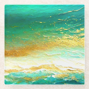 Abstracte kunst Blauwe en Gouden Oceaan Glazen Onderzetter