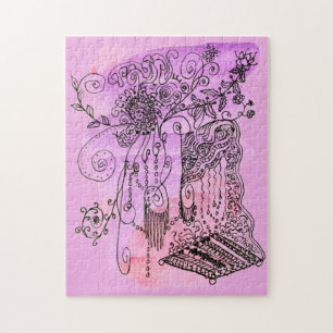Abstracte Kunst Bloemen Paarse Sinaasappels Pen en Legpuzzel