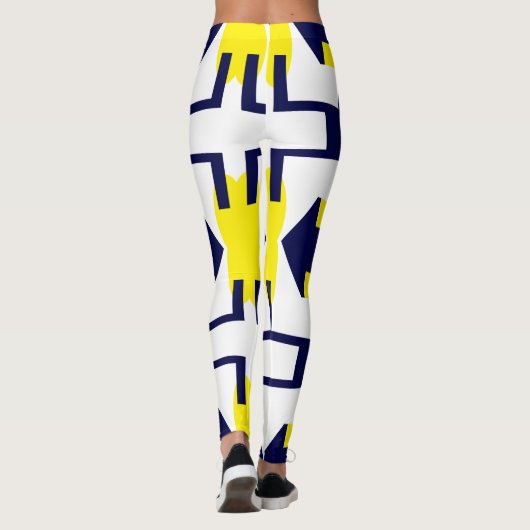 Abstracte kunst Donkerblauw Geel Wit Leggings (Achterkant)