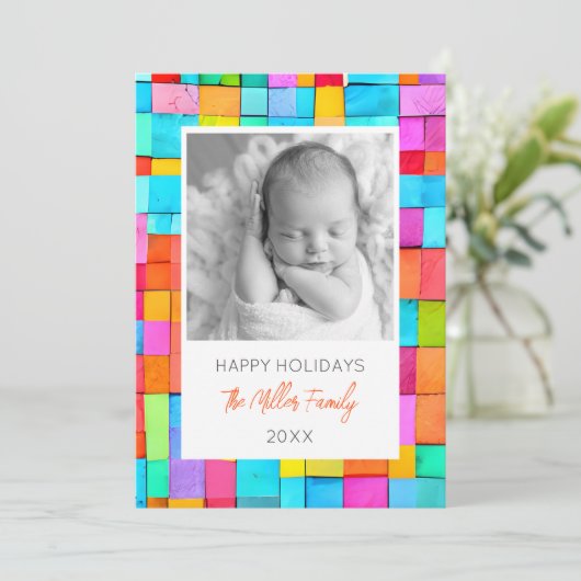 Abstracte Kunst FOTO FAMILIENAAM Kleurrijk JAAR Ba Feestdagenkaart (Staand voorkant)