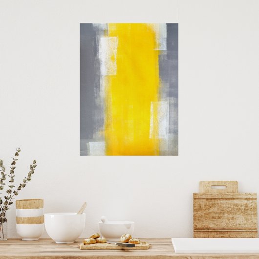 abstracte kunst met grijs en geel poster (Keuken)