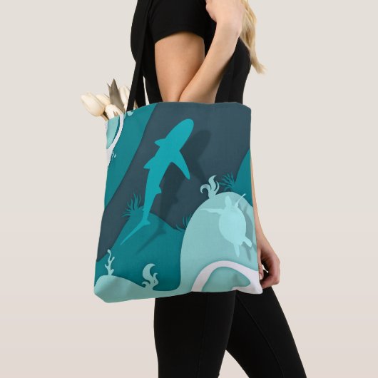 Abstracte kunst met koele haaien en schildpadden tote bag (Dichtbij)