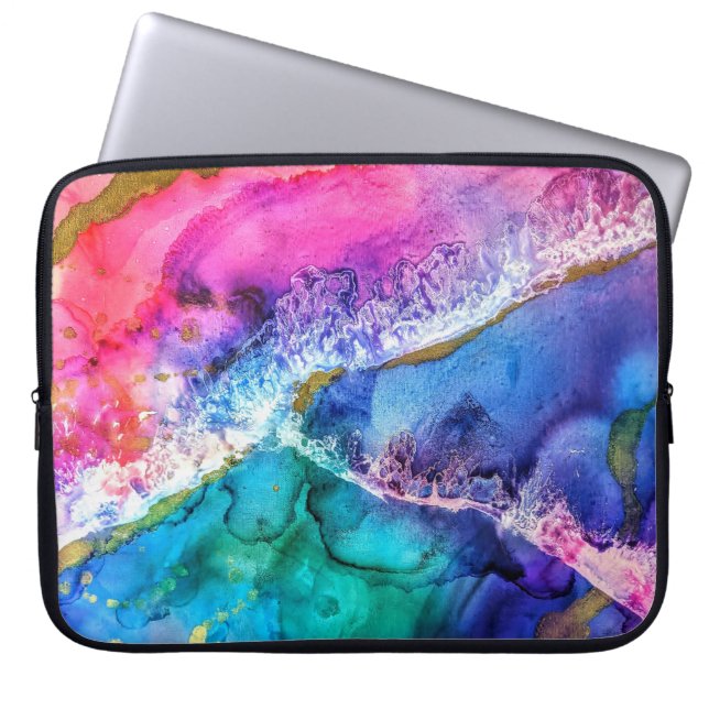 Abstracte kunst met meerdere kleuren en gouden acr laptop sleeve (Voorkant)