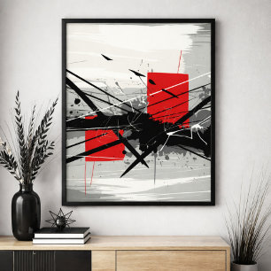 Abstracte kunst met rode blokken en zwarte streken poster