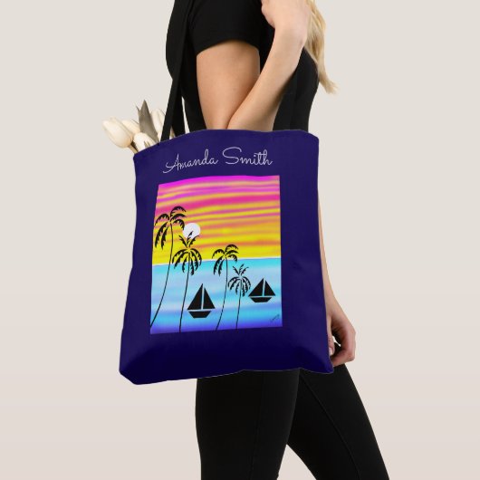 Abstracte kunst Modern Tropical Sunset Sailing Tote Bag (Dichtbij)