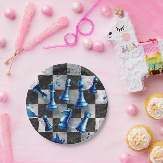 Abstracte kunst op de schaak - blauwe marmer papieren bordje (Feest)