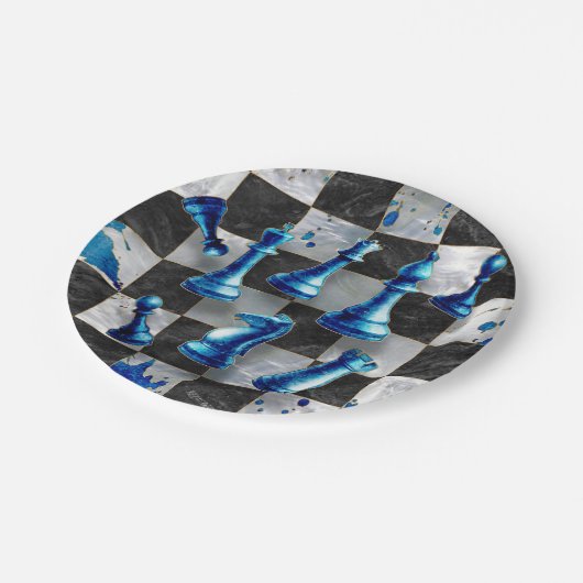 Abstracte kunst op de schaak - blauwe marmer papieren bordje (Gekanteld)