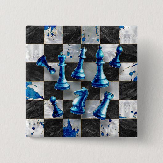 Abstracte kunst op de schaak - blauwe marmer vierkante button 5,1 cm (Voorkant)