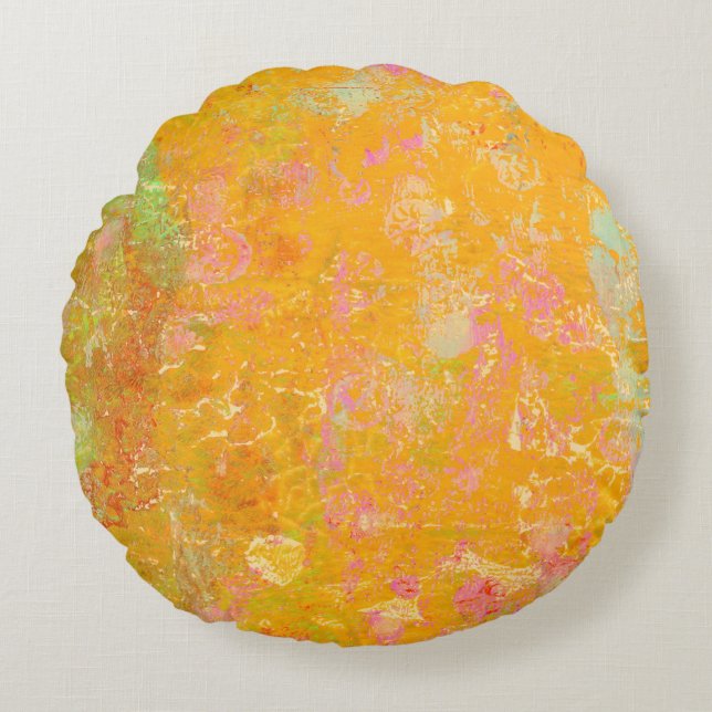 Abstracte kunst Oranje gele roze rood groen schild Rond Kussen (Voorkant)