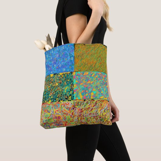 abstracte kunst sari als patchwork tote bag (Dichtbij)