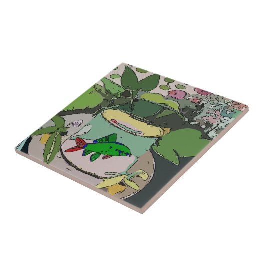 Abstracte Kunst Tegels, Groene vis in kom, Tegeltje (Zijkant)