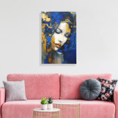 Abstracte kunst vrouw blauw en goud canvas afdruk (Insitu (Woonkamer))
