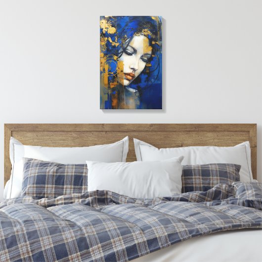 Abstracte kunst vrouw blauw en goud canvas afdruk (Insitu (Slaapkamer))