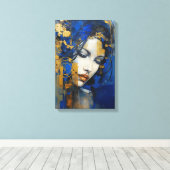 Abstracte kunst vrouw blauw en goud canvas afdruk (Insitu (Houten vloer))
