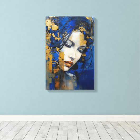 Abstracte kunst vrouw blauw en goud canvas afdruk (Insitu (Houten vloer))