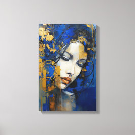 Abstracte kunst vrouw blauw en goud canvas afdruk