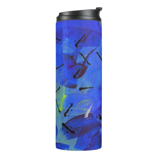 Abstracte kunstblauw en gele groene reiswieg thermosbeker (Gedraaid links)