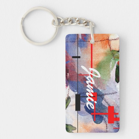 abstracte kunstcollage, gemengde media en waterver sleutelhanger (Voorkant)