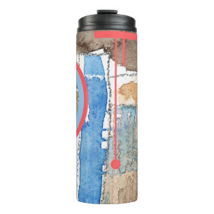 abstracte kunstcollage, gemengde media en waterver thermosbeker