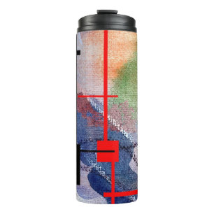 abstracte kunstcollage, gemengde media en waterver thermosbeker