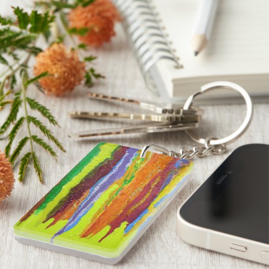 Abstracte kunstdikke verfdruppelregenboogstrepen sleutelhanger (Voorkant Rechts)