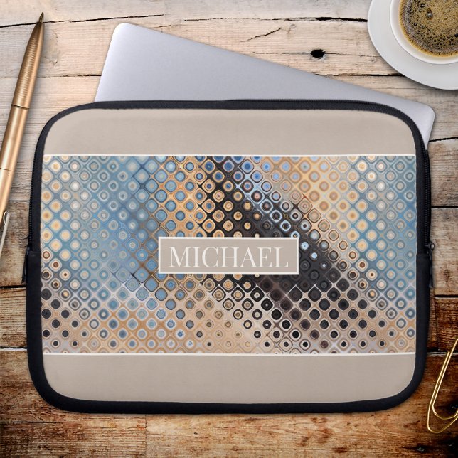 Abstracte kunstglazen Stippen Technische ontwerpla Laptop Sleeve (A modern design laptop sleeve featuring an abstract art glass dots pattern in blue, grey and beige.)