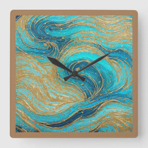 Abstracte kunstkleurenkast Aqua Blues Gold Wall kl Vierkante Klok