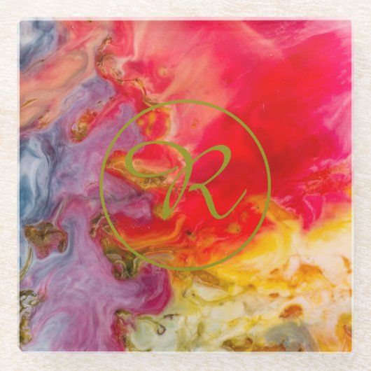 Abstracte kunstmonogram Schatten Goud, Rood & Geel Glazen Onderzetter (Voorkant)