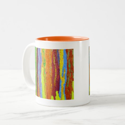 Abstracte kunstregenboogstrepen verfdruppelaar tweekleurige koffiemok (Voorkant links)