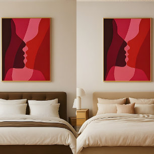 Abstracte kussende silhouetten in rood en magenta poster